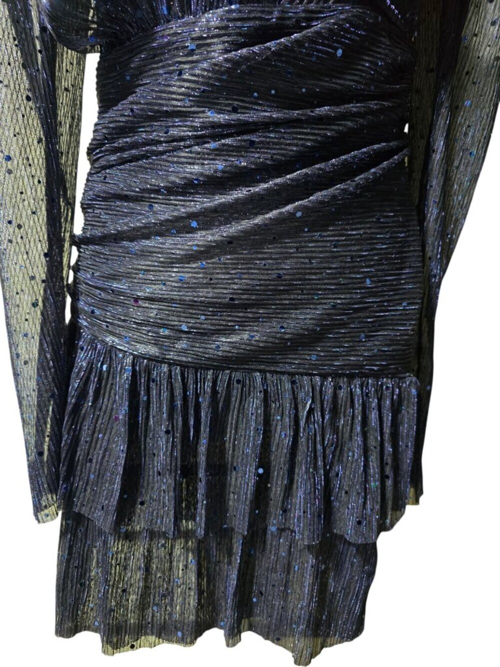 Sabina Musayev Brenda Ruched Tiered Long Sleeve Metallic Jersey Sequin Mini, S - Picture 4 of 9